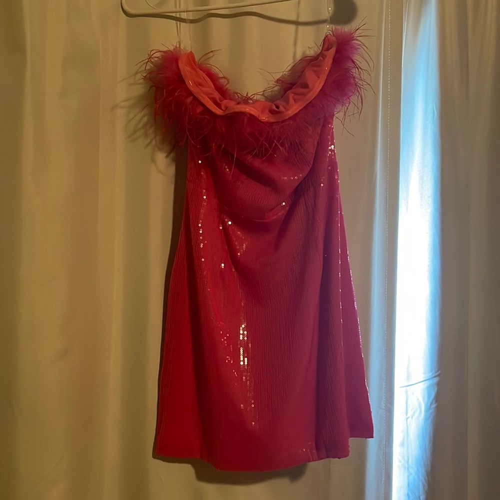 Pink Sequin Mini Dress with Feather Trim